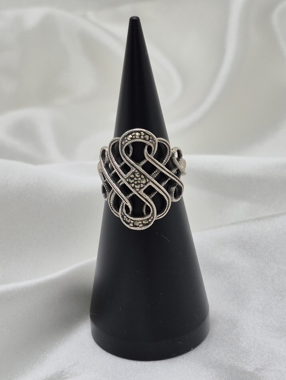 Sterling Silver Marcasite Filigree Gem Knot Statement Ring - Size 6